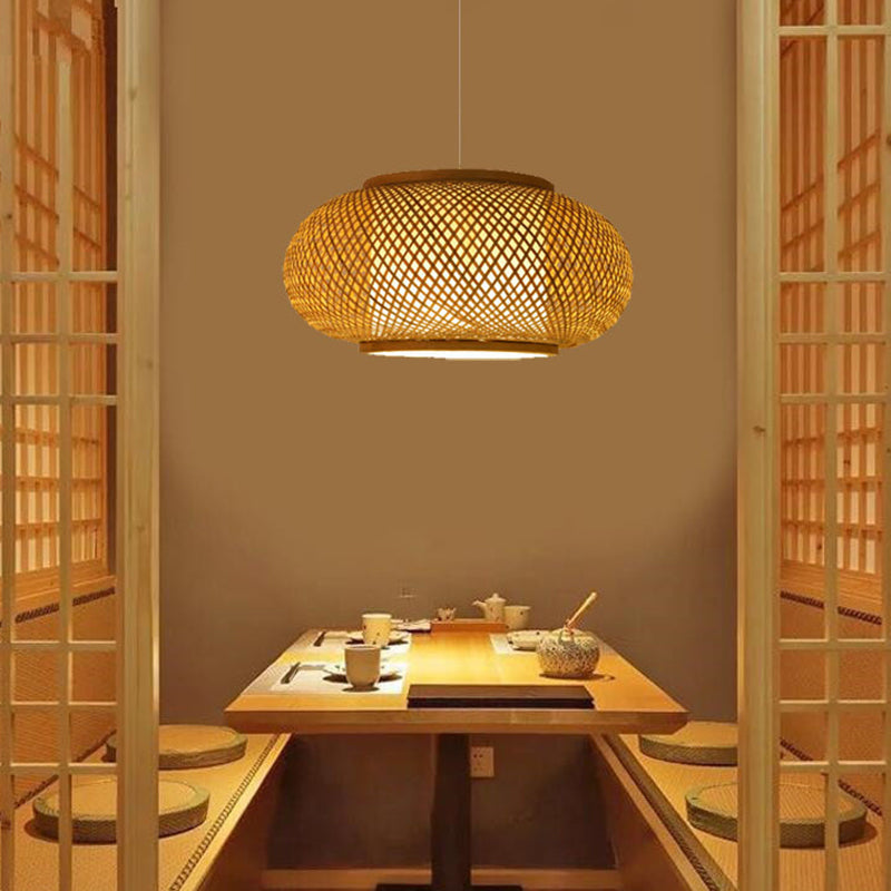 Asian Beige Pendant Lamp With Rattan Shade - 1-Light Restaurant Lighting / Drum