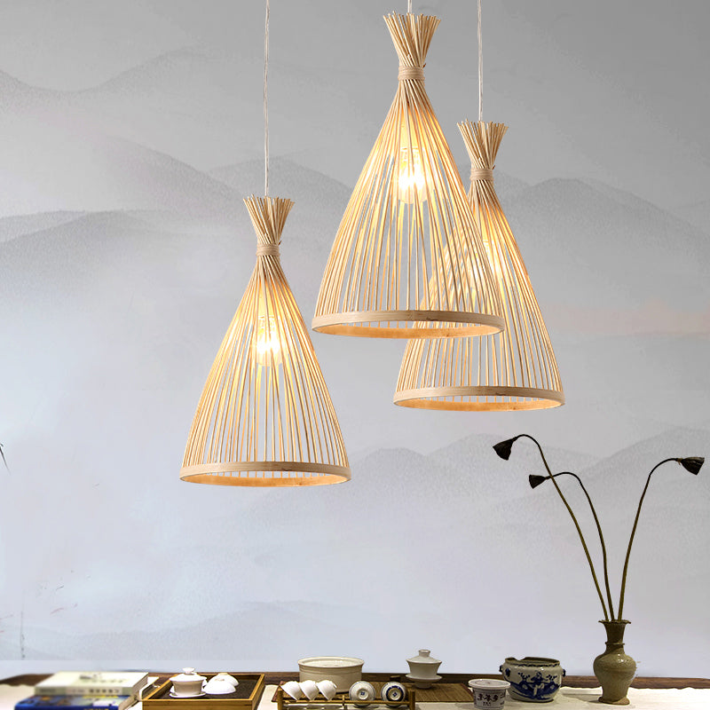 Japanese Style Funnel Pendant Light - Wood 1 Head 8/10/12 Wide Beige/Coffee Ceiling Hang Lamp Beige