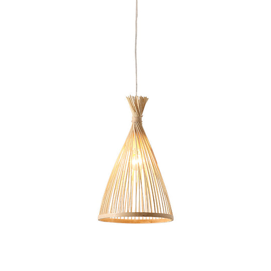 Japanese Style Funnel Pendant Light - Wood 1 Head 8/10/12 Wide Beige/Coffee Ceiling Hang Lamp