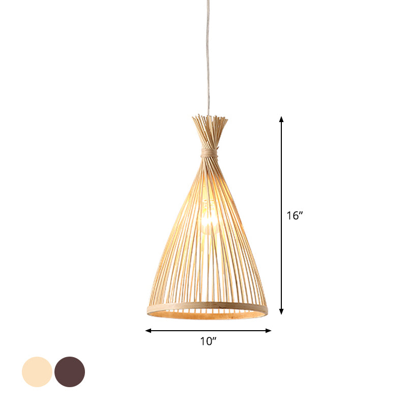 Japanese Style Wood Funnel Pendant Light - 1 Head 8’/10’/12’ Wide Ceiling Hang Lamp In Beige/Coffee