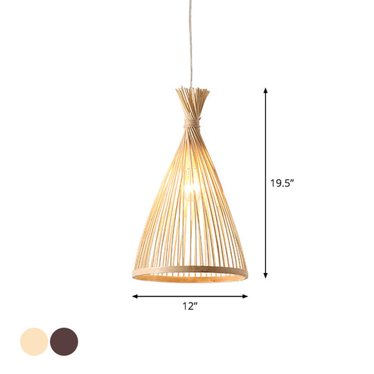 Japanese Style Funnel Pendant Light - Wood 1 Head 8/10/12 Wide Beige/Coffee Ceiling Hang Lamp