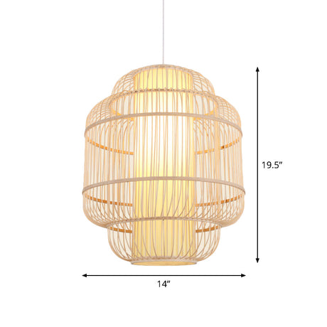 Asian Bamboo Pendant Light - Cylinder/Donut/Raindrop Shape Beige Ceiling With Inside Shade