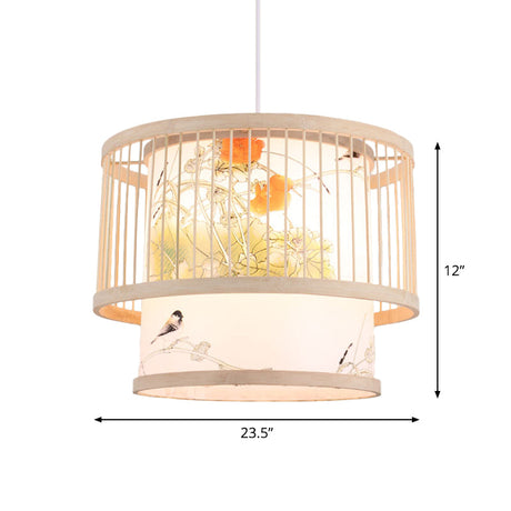 Asian Bamboo Pendant Light - Cylinder/Donut/Raindrop Shape Beige Ceiling With Inside Shade