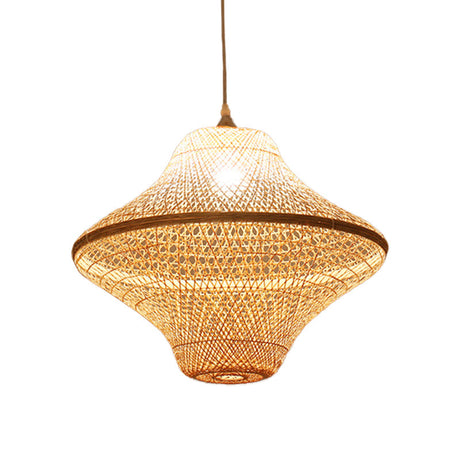 Asian Style Beige Diamond/Bell/Onion Drop Pendant Hanging Light Fixture With Bamboo Accent - Tearoom
