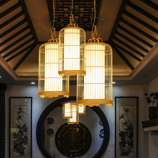 Bamboo Birdcage Dining Room Pendant Light In Beige - 9.5’/14’/16’ Wide Asian Style 1-Light Fixture