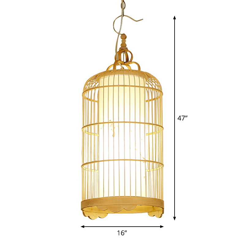 Bamboo Birdcage Dining Room Pendant Light In Beige - 9.5’/14’/16’ Wide Asian Style 1-Light Fixture