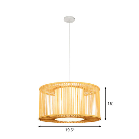 Asia Beige Bamboo Pendant Light For Kitchen Bar - 1-Light Pendulum With Drum Shade Multiple Width