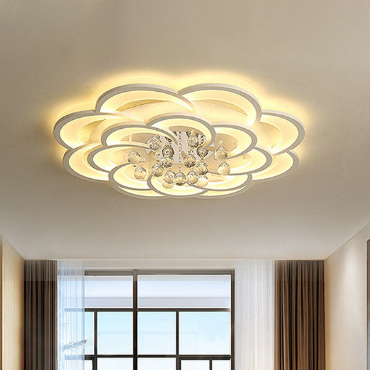 Modern Floral Girls Bedroom Led Flush Ceiling Light With Crystal Ball Drop In White -