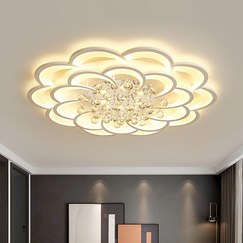 Modern Floral Girls Bedroom Led Flush Ceiling Light With Crystal Ball Drop In White -