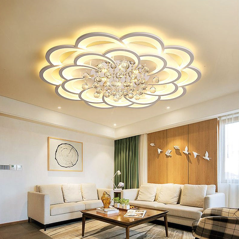 Modern Floral Girls Bedroom Led Flush Ceiling Light With Crystal Ball Drop In White -