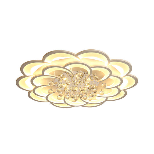 Modern Floral Girls Bedroom Led Flush Ceiling Light With Crystal Ball Drop In White -
