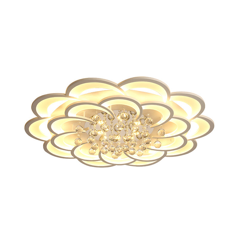 Modern Floral Girls Bedroom Led Flush Ceiling Light With Crystal Ball Drop In White - 20.5/31.5/47
