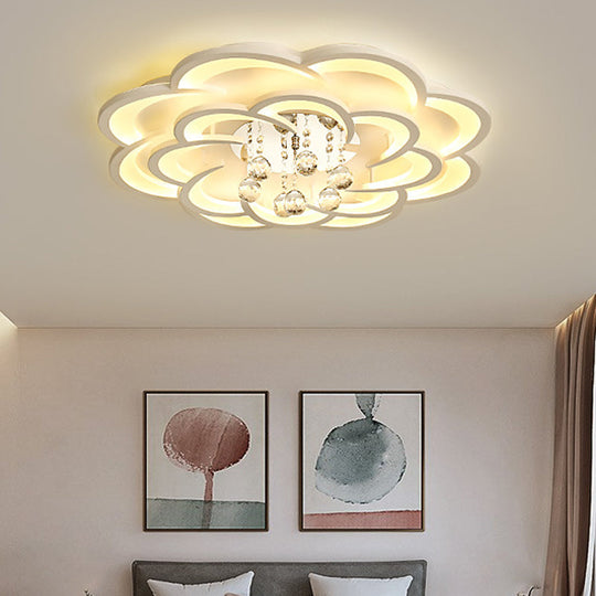 Modern Floral Girls Bedroom Led Flush Ceiling Light With Crystal Ball Drop In White -
