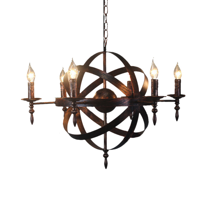 Metallic Chandelier With Spherical Cage Shade - Vintage 6/8 Head Ceiling Light For Restaurants In