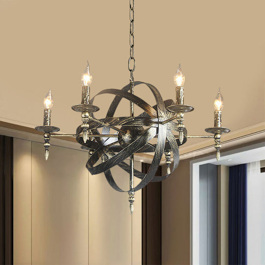 Metallic Chandelier With Spherical Cage Shade - Vintage 6/8 Head Ceiling Light For Restaurants In