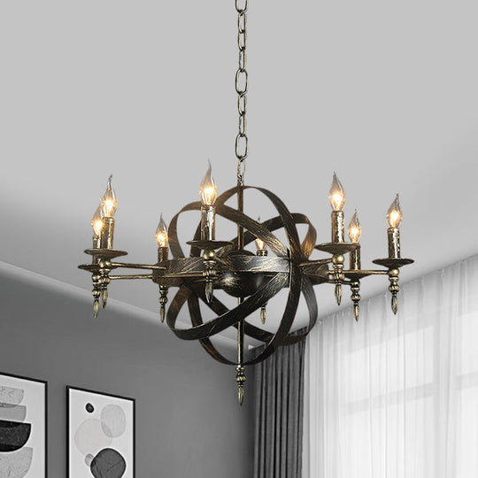Metallic Chandelier With Spherical Cage Shade - Vintage 6/8 Head Ceiling Light For Restaurants In