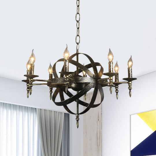 Metallic Chandelier With Spherical Cage Shade - Vintage 6/8 Head Ceiling Light For Restaurants In