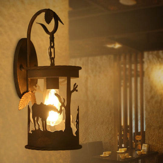 Industrial Rust Metal Wall Mounted Light With Leaf And Horse Pattern - 1 Bulb Cylinder Lighting