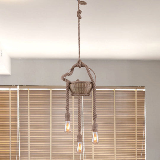 Vintage Beige Hemp Rope Chandelier - Rustic Hanging Light For Living Room