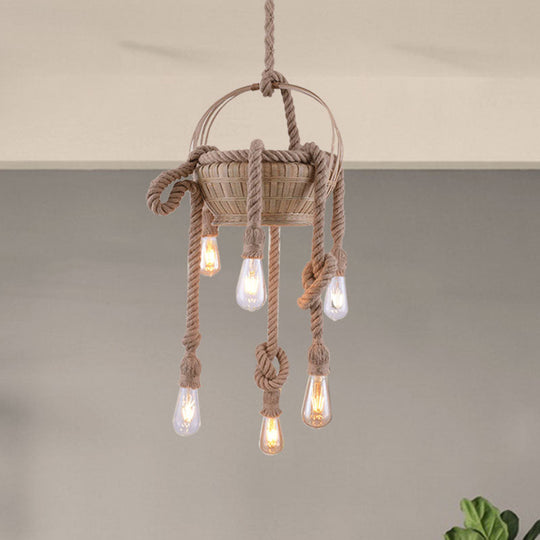 Vintage Beige Hemp Rope Chandelier - Rustic Hanging Light For Living Room