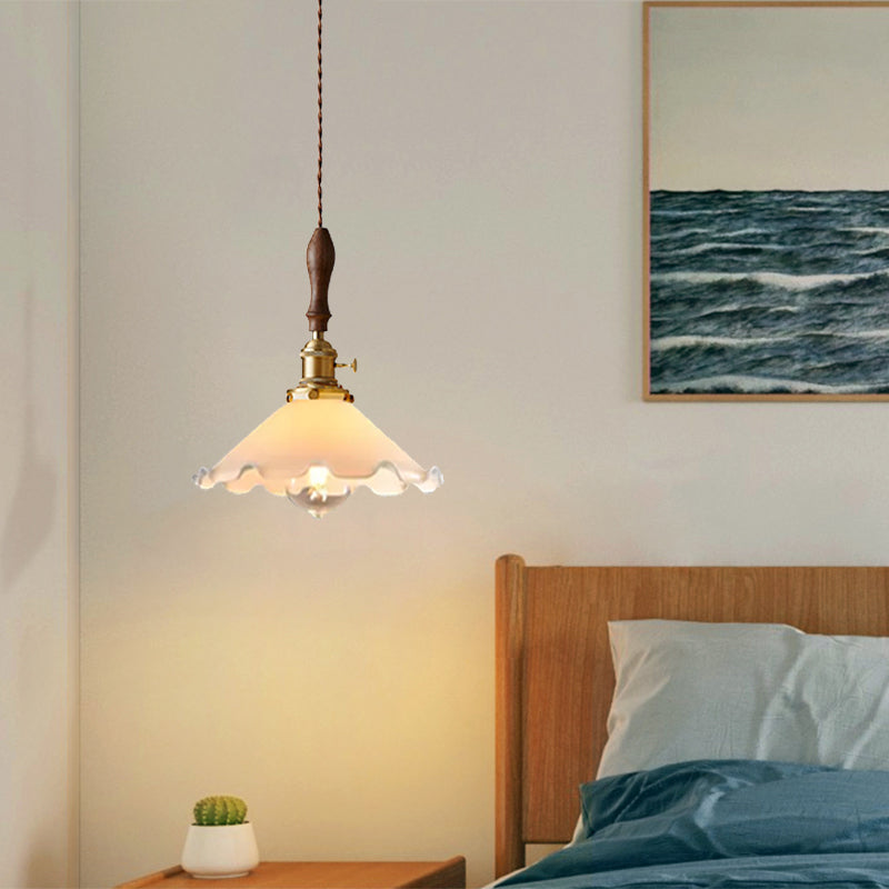 Scalloped Pendant Lamp: Farmhouse Style 1-Light White Glass With Brass Fixture