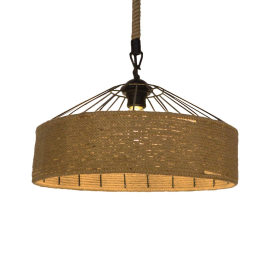 Hemp Rope Drum Pendant Light Country Style 12’/16’ Wide 1-Head Restaurant Hanging Lamp Beige