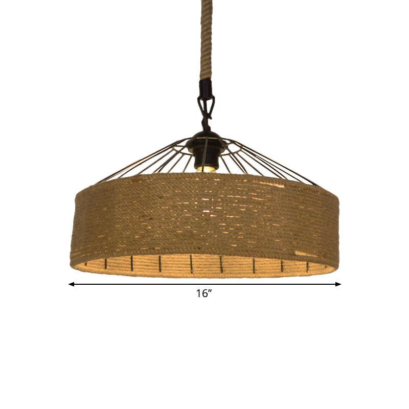 Hemp Rope Drum Pendant Light Country Style 12’/16’ Wide 1-Head Restaurant Hanging Lamp Beige