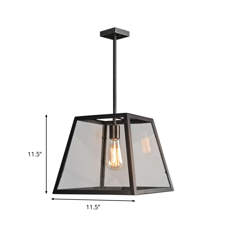 Trapezoid Pendant Light - Traditional 1-Light Suspension Lamp In Black Metal And Glass