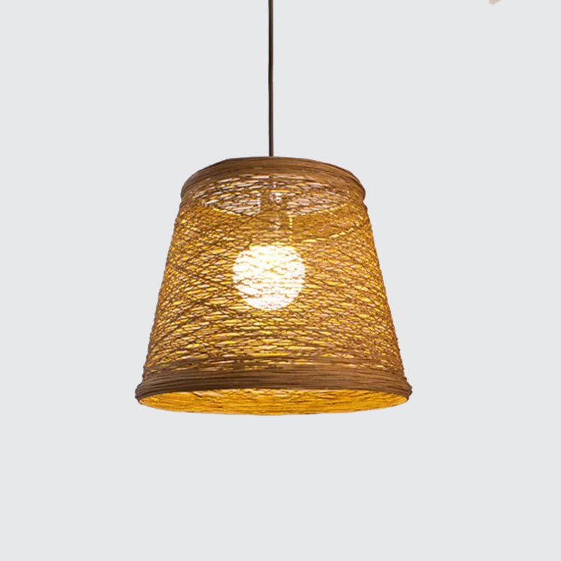 Modern Tapered Drum Rattan Pendant Lamp | Black/Red/Pink 1 Head Ceiling Hang Light For Dining Table