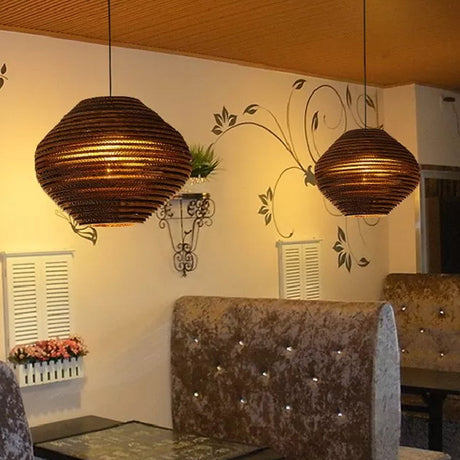 1 Bulb Bistro Pendant Light In Rustic Brown With Corrugated Paper Shade