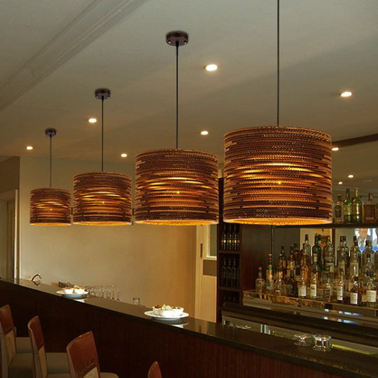1 Bulb Bistro Pendant Light In Rustic Brown With Corrugated Paper Shade / A