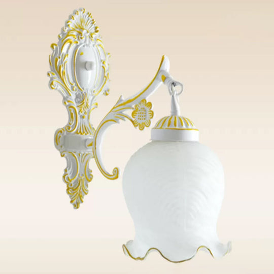 Traditional Frosted Glass Wall Sconce With Lettuce-Trim Shade - White/Bronze White