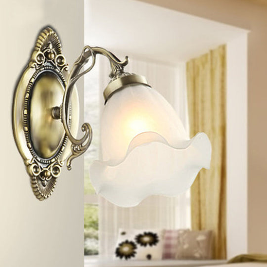 Frosted Glass Wall Lamp In Countryside Bronze: Elegant Flower Design For Living Room Lighting 1 /