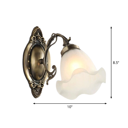 Frosted Glass Wall Lamp In Countryside Bronze: Elegant Flower Design For Living Room Lighting