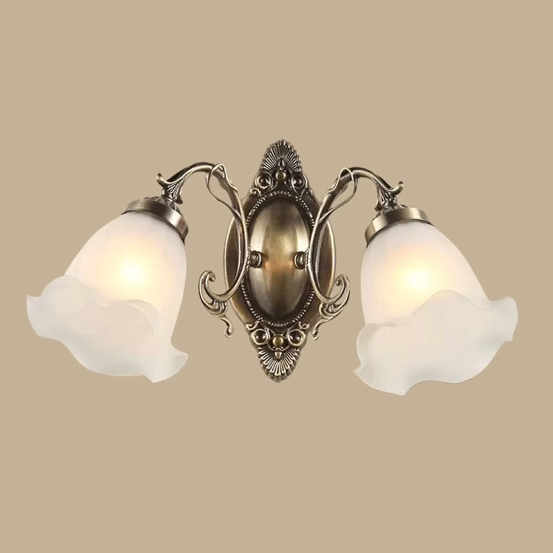 Frosted Glass Wall Lamp In Countryside Bronze: Elegant Flower Design For Living Room Lighting