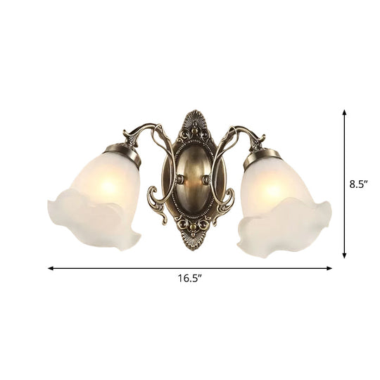 Frosted Glass Wall Lamp In Countryside Bronze: Elegant Flower Design For Living Room Lighting