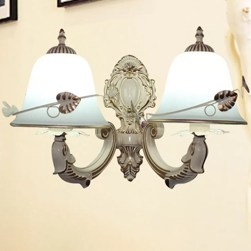 Rustic Distressed White Wall Sconce With Frosted Glass Bell Shade - Perfect For Living Room