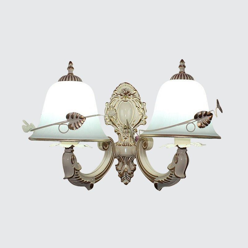 Rustic Distressed White Wall Sconce With Frosted Glass Bell Shade - Perfect For Living Room