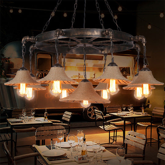 Antique Bronze Rope Chandelier Pendant Light With Cone Shade - Rustic Dining Room Ceiling Lamp 7/9