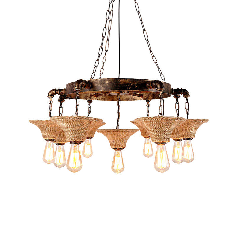 Antique Bronze Rope Chandelier Pendant Light With Cone Shade - Rustic Dining Room Ceiling Lamp 7/9