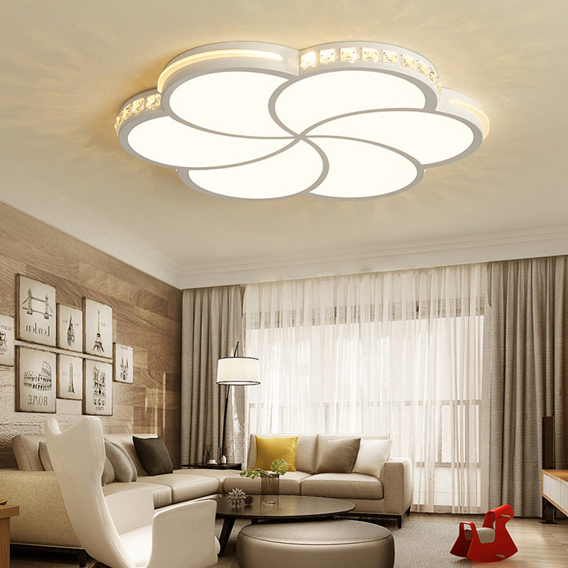 Contemporary Led Flush Ceiling Light: White Flower Design With Clear Crystal Accents For Kid’s Room