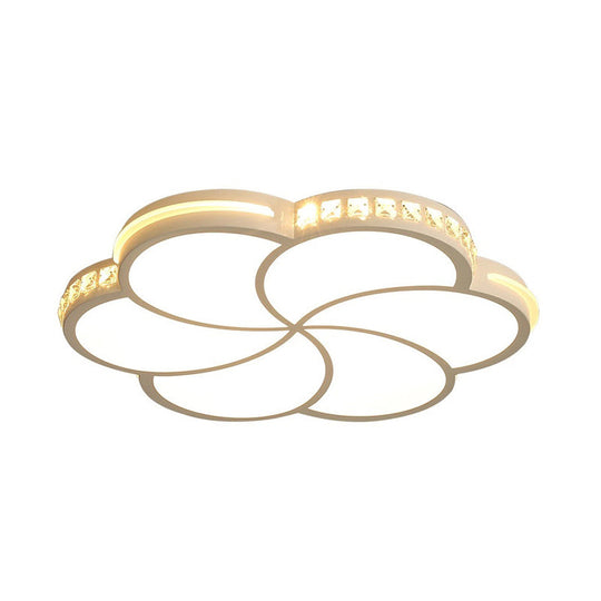 Contemporary Led Flush Ceiling Light: White Flower Design With Clear Crystal Accents For Kid’s Room