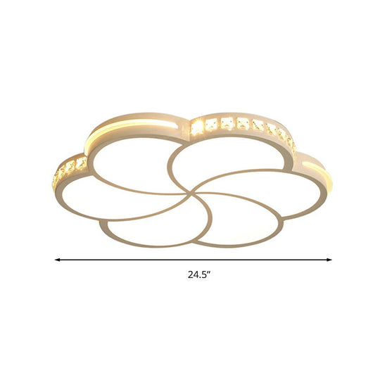 Contemporary Led Flush Ceiling Light: White Flower Design With Clear Crystal Accents For Kids Room