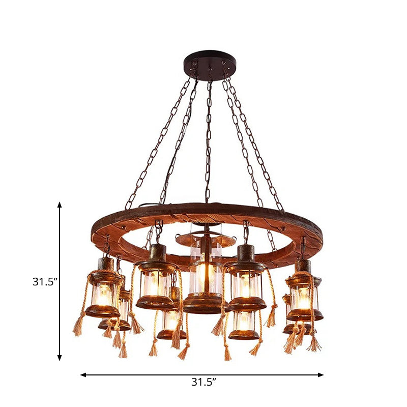 Coastal Clear Glass Lantern Pendant Chandelier With Wood Multi Lights & Chain Fixture
