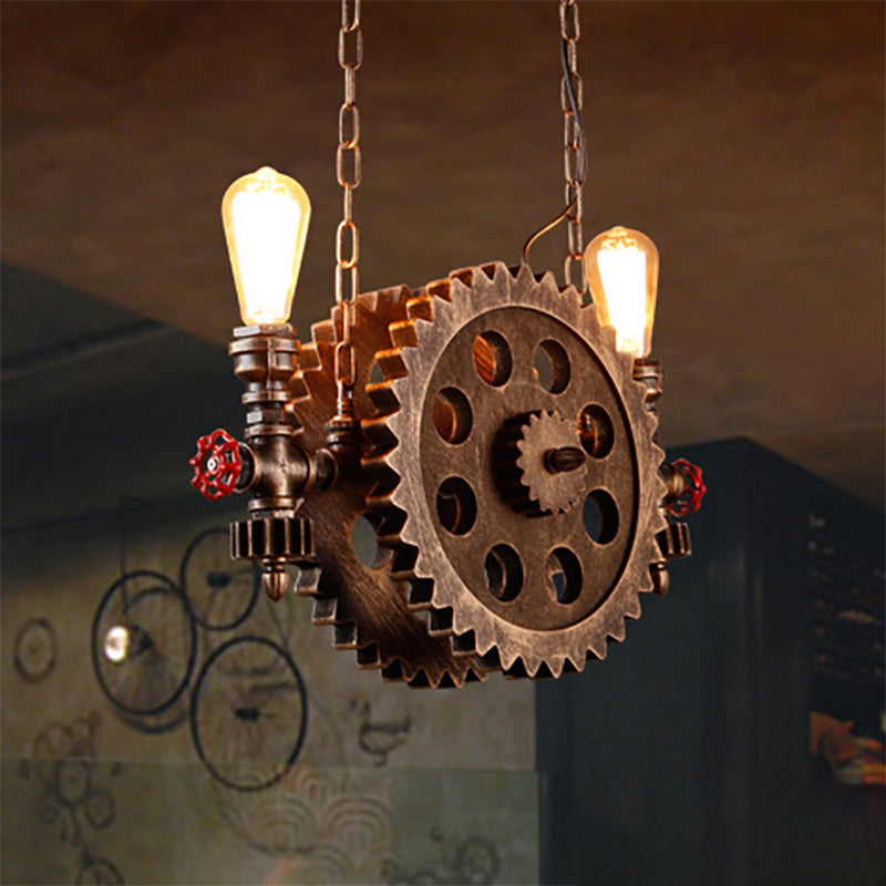 Vintage Metal Hanging Chandelier With Exposed Bulbs - 2-Light Ceiling Light Fixture For Living Room