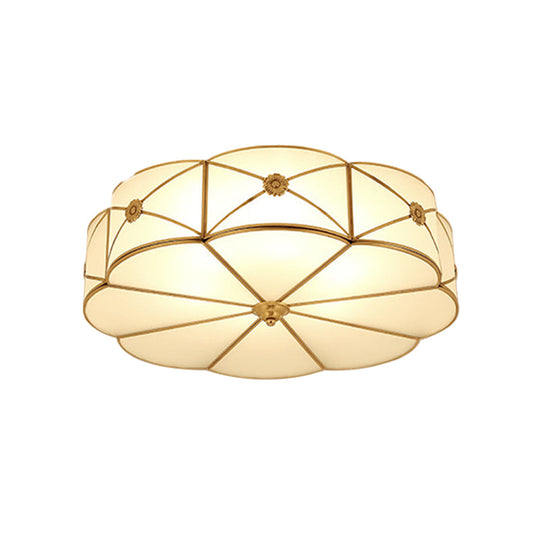 Vintage Scalloped Frosted Glass Flush Mount Light With Brass Finish - 3 Lights For Bedroom Ceiling