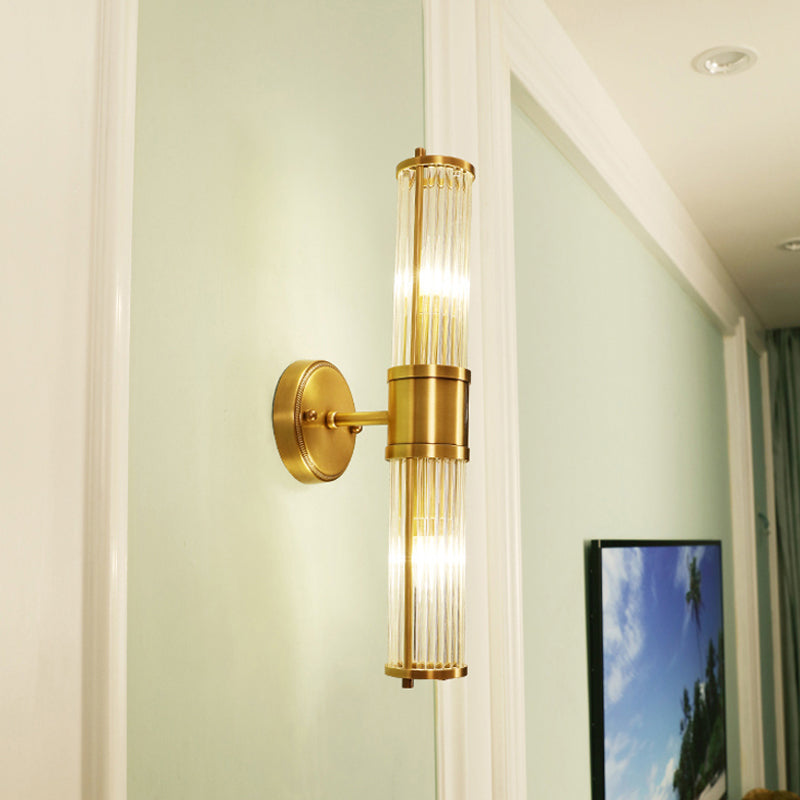 Brass Ribbed Crystal Wall Sconce With 1/2-Light For Traditional Bedroom Lighting
