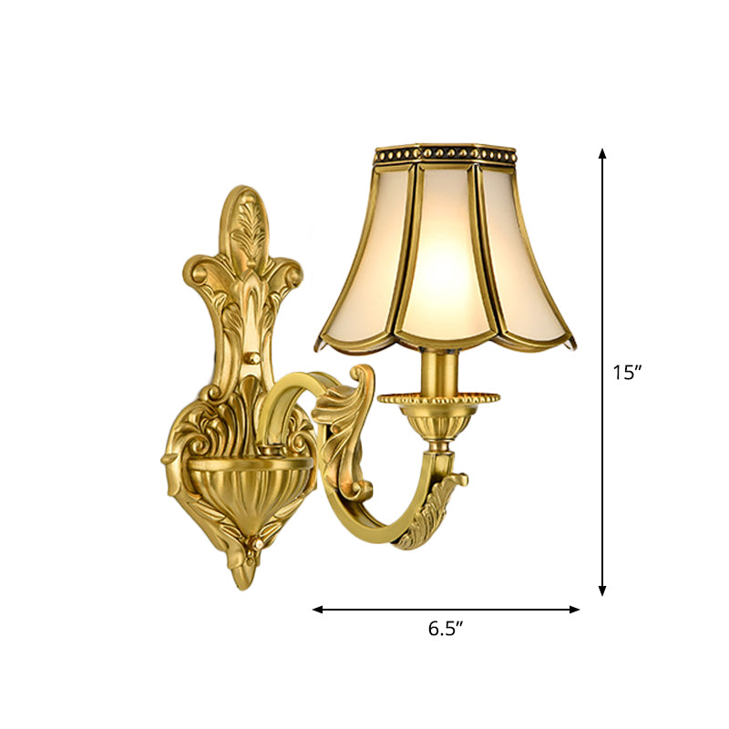Traditional Polished Brass Flared Wall Sconce With Frosted Glass