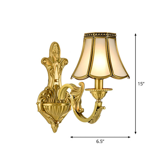 Traditional Polished Brass Flared Wall Sconce With Frosted Glass