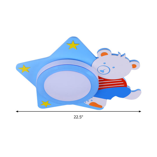 Boys Cartoon Bear Wood Animal Blue Led Ceiling Light